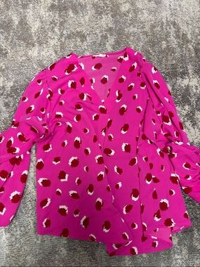 JODIFL Hot Pink Red & White Printed V-Neck Blouse